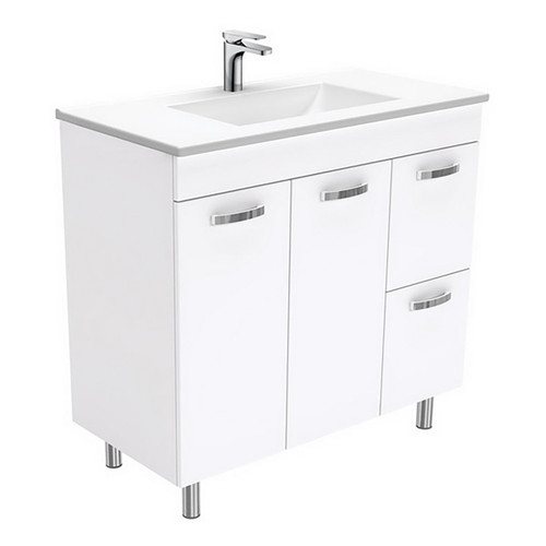 Vanessa 900 Poly-Marble Moulded Basin-Top Single Bowl + Unicab Gloss White Cabinet On Legs 2Dr 2 Drawer Rh 3 Tap Holes [197964]