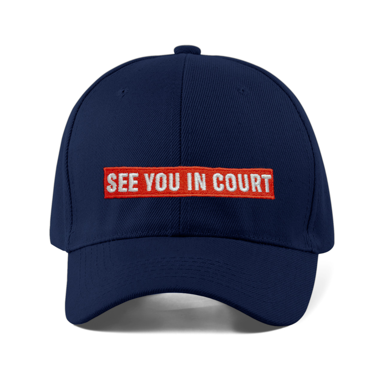 navy hat that reads see you in court
