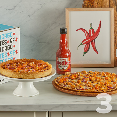 2 Lou’s x Frank's RedHot® Buffalou Chicken Thin Crust Pizzas & 1 Deep Dish Pizza