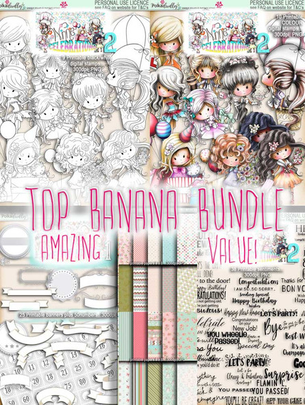 Winnie Celebrations 2...Top Banana bundle, mega value kit of digi stamps, papers, sentiments, banners & numbers printable downloads