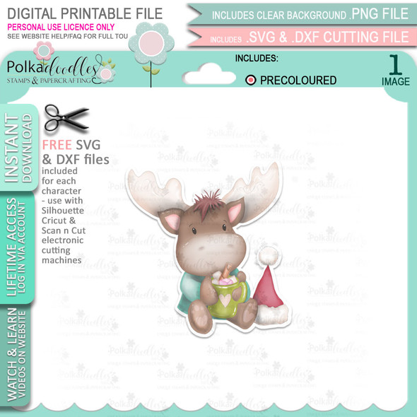 Hot Chocolate Time (precoloured) Elvis Wesley Moose - printable craft digital stamp download with free SVG /DXF files