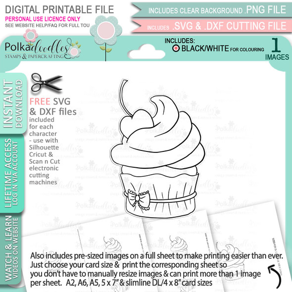 Cherry Cream Cupcake - printable craft digital stamp download with free SVG /DXF files