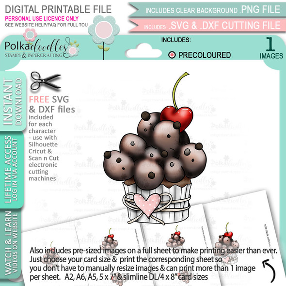 Cherry Chocolate Cream Cupcake (precoloured) - printable craft digital stamp download with free SVG /DXF files
