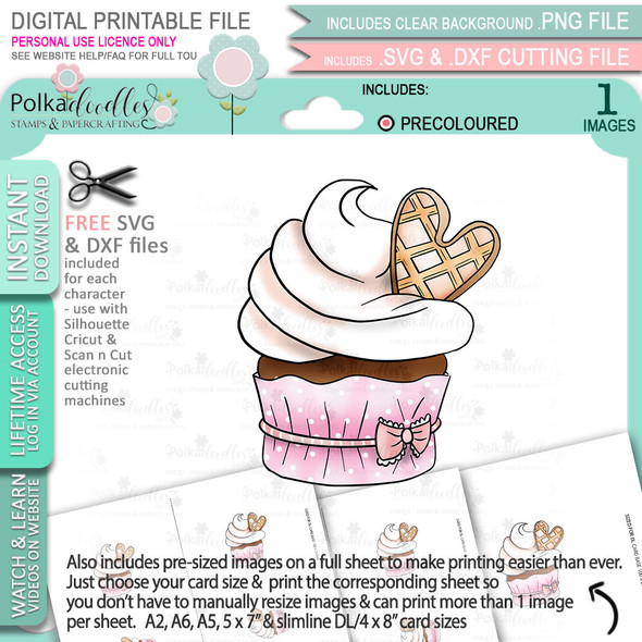 Waffle Cream Frosting Cupcake (precoloured) - printable craft digital stamp download with free SVG /DXF files
