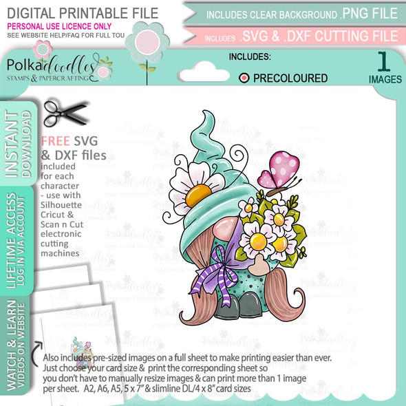 Spring Bunch Gnome (precoloured) - printable craft digital stamp download with free SVG /DXF files