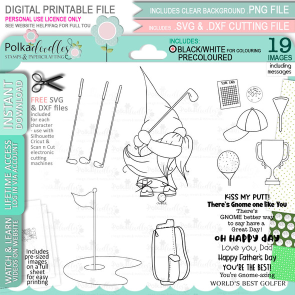 Golf Gnome For Men - Bundle of printable clipart digital stamp, digistamp for cards, cardmaking, crafting and stickers