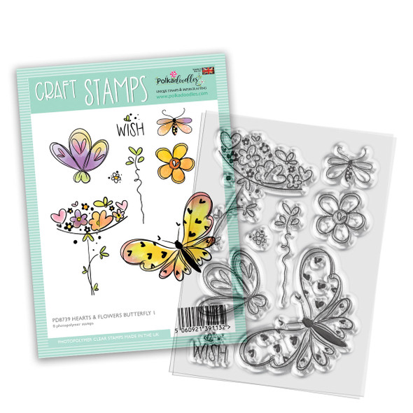 Hearts and Flowers Butterfly Stamp 1 - 8 photopolymer clear stamps for card making, crafts, scrapbooking