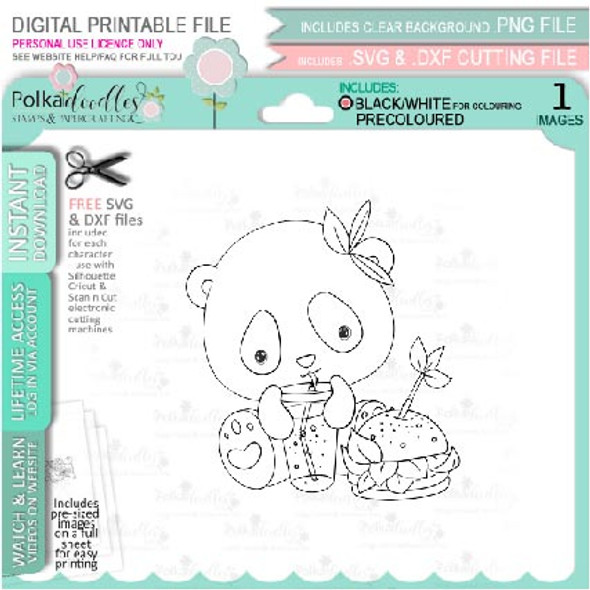 Quarter panda burger drink - Noodle Panda Bear Cute printable digital stamp with SVG outlines for card making, crafting, printable planner sticker.