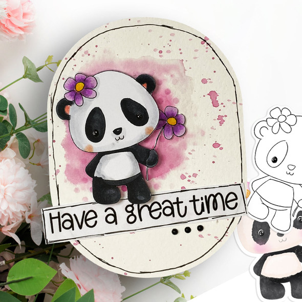 Flowers - Noodle Panda Bear Cute printable digital stamp with SVG outlines for card making, crafting, printable planner sticker.