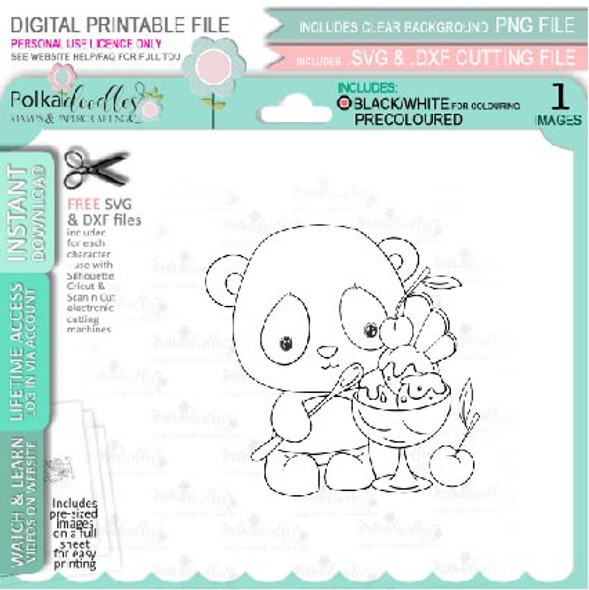 Ice Cream sundae - Noodle Panda Bear Cute printable digital stamp with SVG outlines for card making, crafting, printable planner sticker.