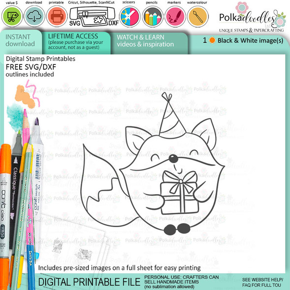 Party Gift Birthday Autumn Fall Fox - printable stamp craft card making digital stamp download