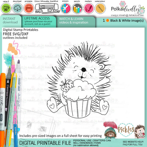 Pickles Hedgehog cupcake - Christmas cute printable digital stamp for card making, craft, scrapbooking, printable stickers