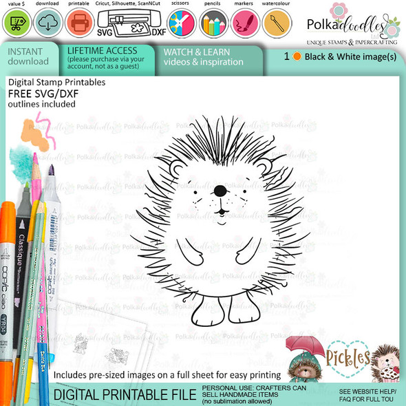 Pickles Hedgehog - Christmas cute printable digital stamp for card making, craft, scrapbooking, printable stickers