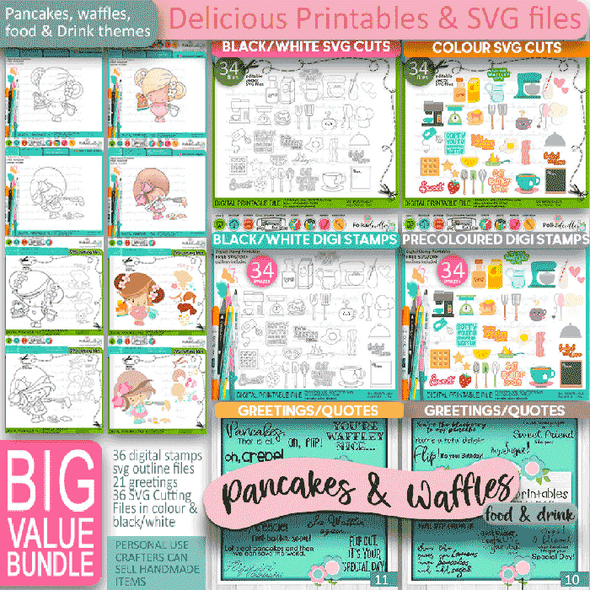 Pancakes and Waffles Cute girl Food and Drink digital stamps and SVG cutting files Big bundle - Pancake-waffles-food-kitchen-baking-printable-digital-stamp-svg-cutting-files-cricut-silhouette-craft-card-making-scrapbook-stickers
