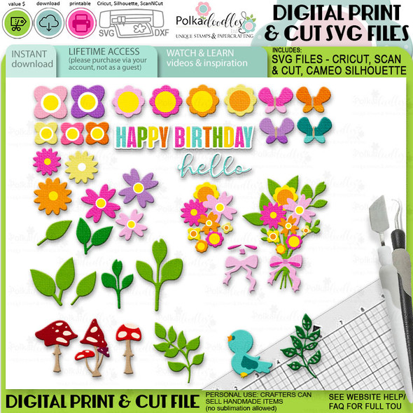 Summer Botanicals Print and Cut SVG Files for Cricut Silhouette Scan and Cut machines – for handmade cards, cardmaking, crafting, printable stickers, scrapbooking, planner crafts