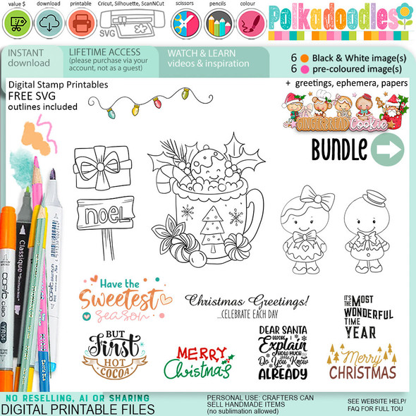 Sweet Gingerbread Cookie Christmas digistamp clipart digital stamps, printables, clipart for card making, craft, junk journals