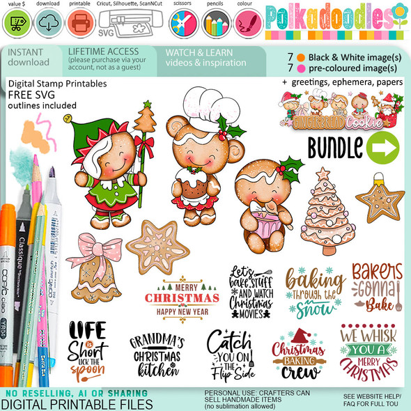 Delicious Gingerbread Cookie Christmas digistamp clipart digital stamps, printables, clipart for card making, craft, junk journals