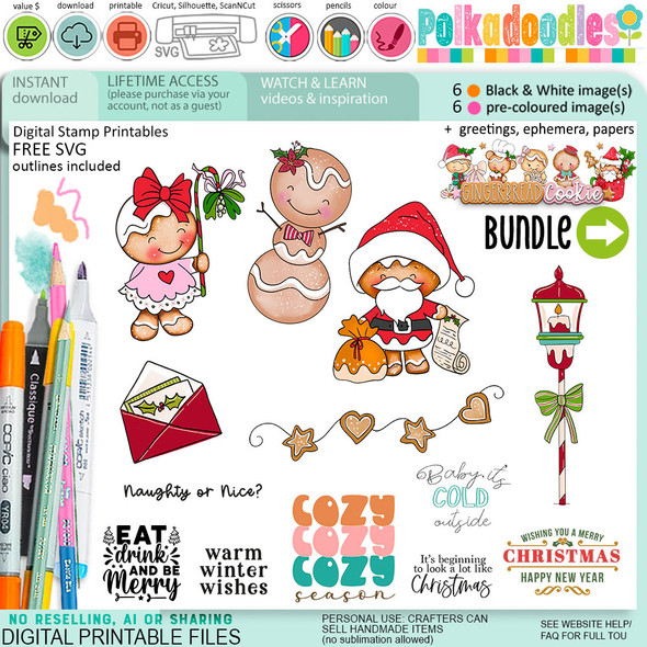 Cosy Gingerbread Cookie Christmas digistamp clipart digital stamps, printables, clipart for card making, craft, junk journals