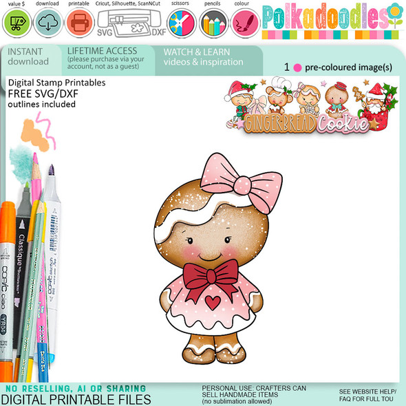 Girl Christmas Gingerbread Cookie digistamp clipart digital stamps, printables, clipart for card making, craft, junk journals