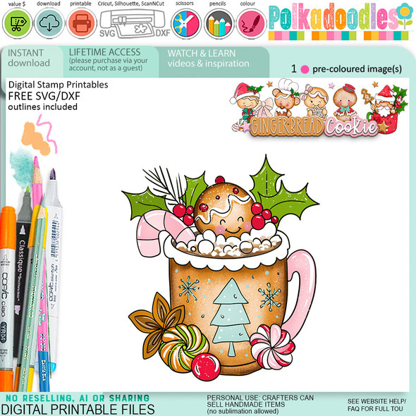 Hot Chocolate Cocoa Christmas Gingerbread Cookie digistamp clipart digital stamps, printables, clipart for card making, craft, junk journals