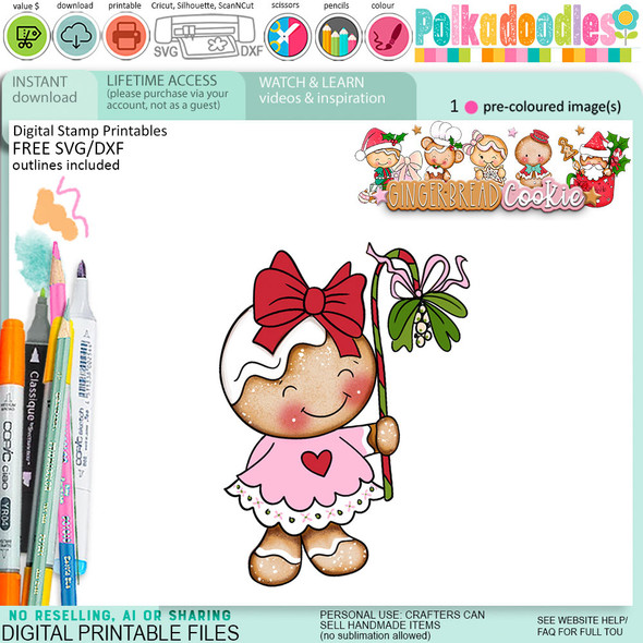 Mistletoe Christmas Gingerbread Cookie digistamp clipart digital stamps, printables, clipart for card making, craft, junk journals