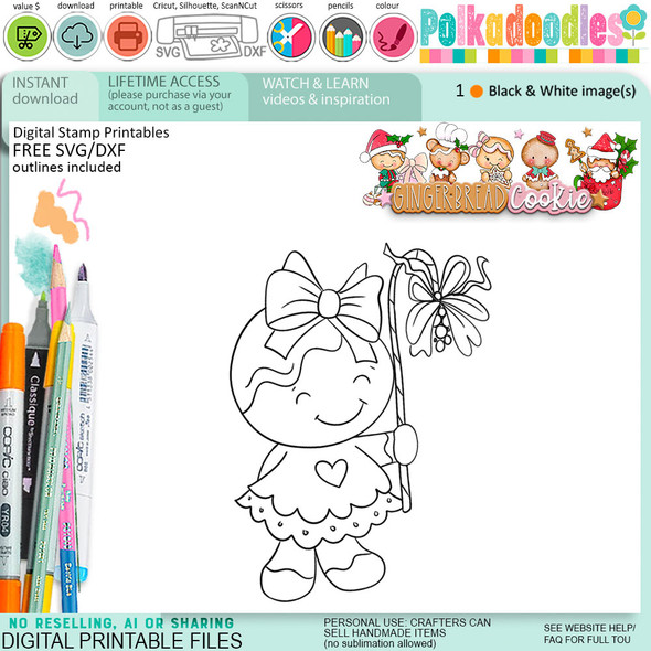 Mistletoe Christmas Gingerbread Cookie digital stamps, printables for card making, craft, junk journals