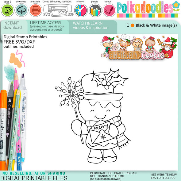 Christmas Wish Gingerbread Cookie digital stamps, printables for card making, craft, junk journals