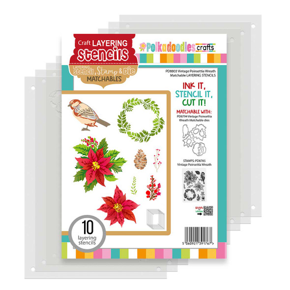 Vintage Christmas Poinsettia Wreath - 10 craft layering stencils for crafts and card making