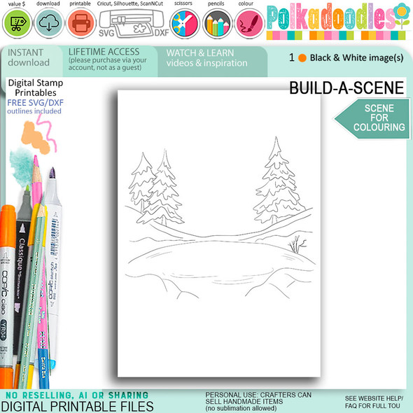 Colouring scene Ice skating rink pond with trees (inc set 2) for card making, craft, scrapbook, junk journals
