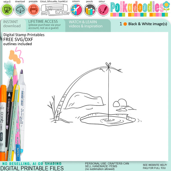 Fishing ice hole Theo Penguin - BLACK WHITE printable digital stamp, card making, craft, sticker, junk journal, scrapbook