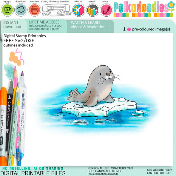 Seal on iceberg Theo Penguin colour clipart for card making, crafts, scrapbook, stickers, junk journals