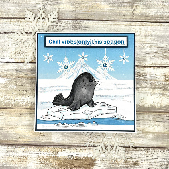 Seal on iceberg Theo Penguin - BLACK/WHITE printable digital stamp, card making, craft, sticker, junk journal, scrapbook