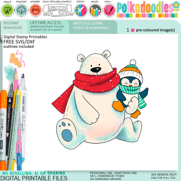 Parkie Polar Bear and Theo Penguin colour clipart for card making, crafts, scrapbook, stickers, junk journals
