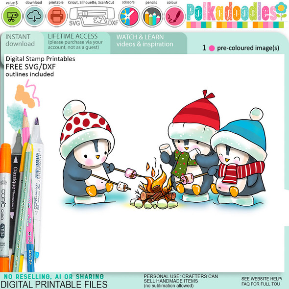 Toasting Marshmallows Theo Penguin colour clipart for card making, crafts, scrapbook, stickers, junk journals
