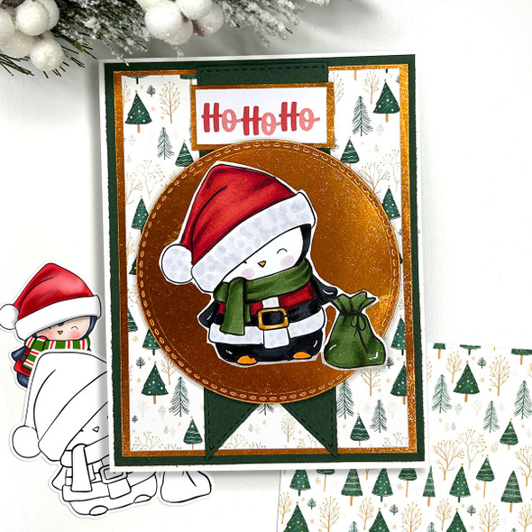 Santa Penguin Theo Penguin - BLACK/WHITE printable digital stamp, card making, craft, sticker, junk journal, scrapbook
