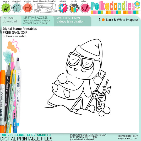Sunbathing days Theo Penguin - BLACK/WHITE printable digital stamp, card making, craft, sticker, junk journal, scrapbook