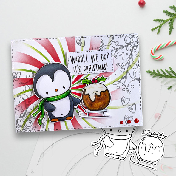 Christmas Pudding Sleigh Theo Penguin - BLACK/WHITE printable digital stamp, card making, craft, sticker, junk journal, scrapbook