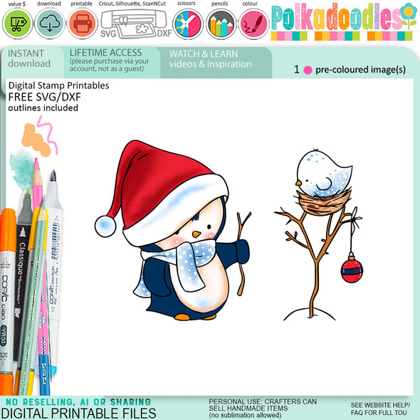 Helping out the birds Theo Penguin colour clipart for card making, crafts, scrapbook, stickers, junk journals