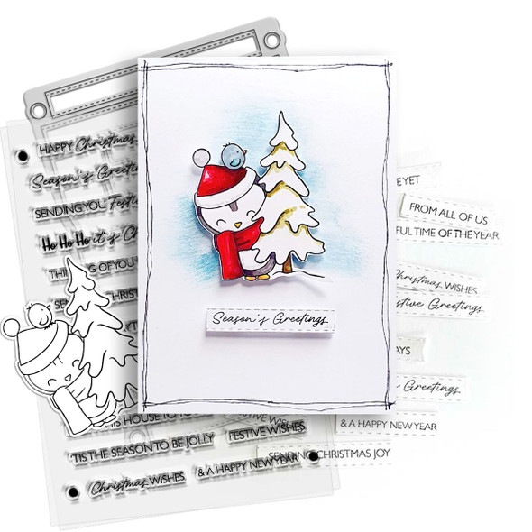 Christmas Tree fun Theo Penguin - BLACK/WHITE printable digital stamp, card making, craft, sticker, junk journal, scrapbook