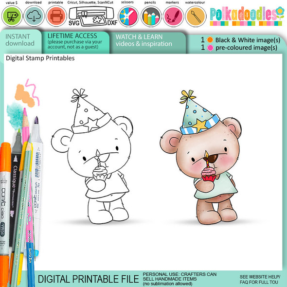 Party Bear with cupcake digital stamp & clipart for card making, craft, scrapbooking