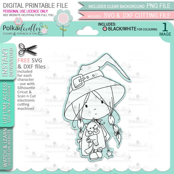 Cute Little Witch Boo Halloween - printable digital stamp download with free SVG /DXF files