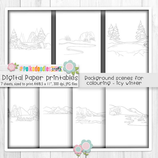 Colouring Scenes Set 2  Winter and Ice Theo Penguin  for card making, craft, scrapbook, junk journals