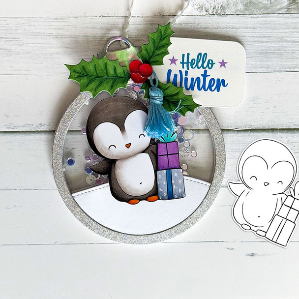 Just for you Theo Penguin - BLACK/WHITE printable digital stamp, card making, craft, sticker, junk journal, scrapbook