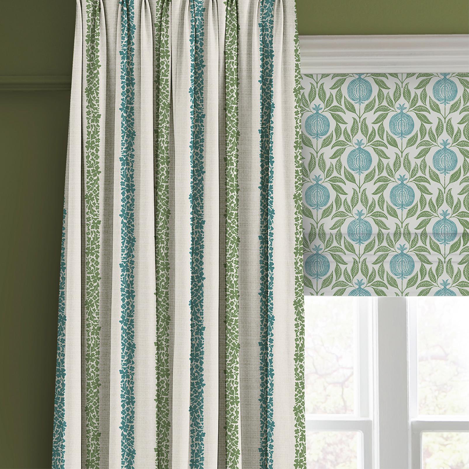 Floral Boheme Stripe Bright Blue and Green Curtain