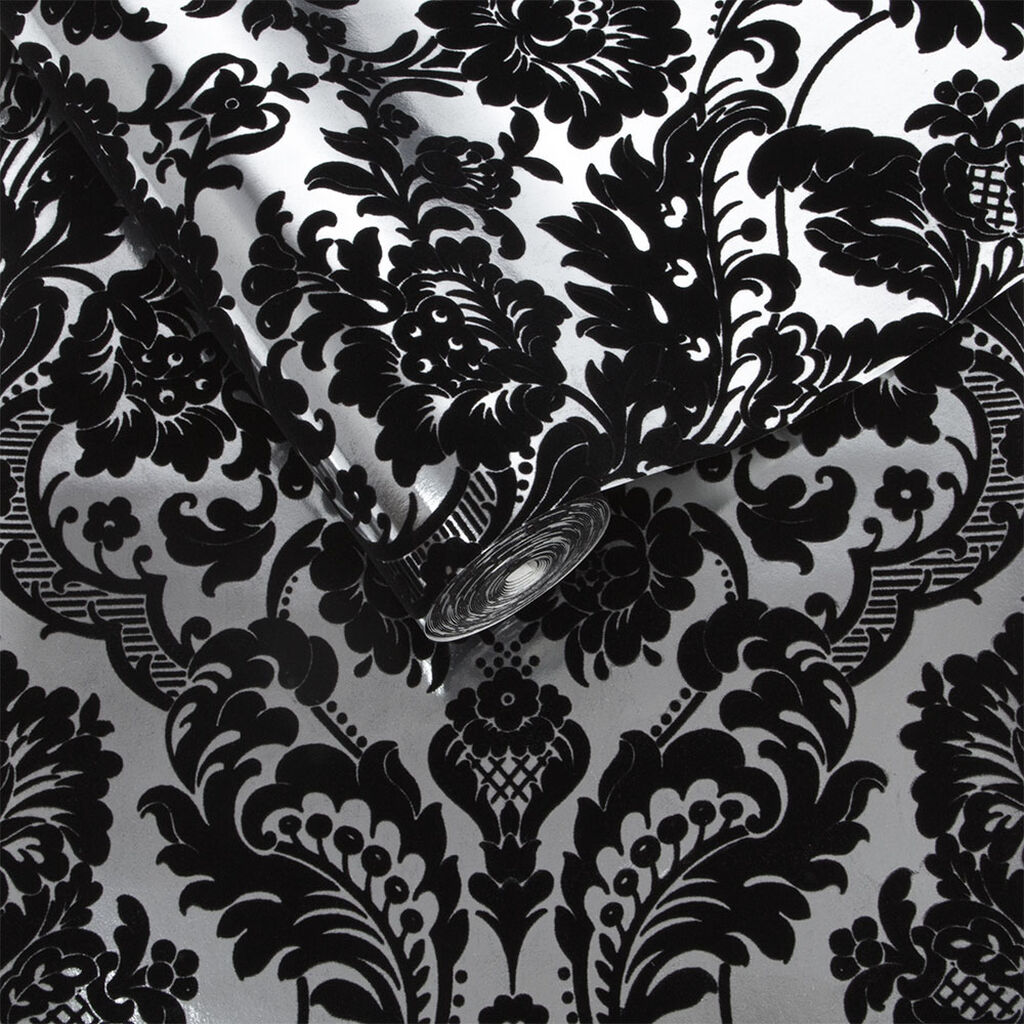 Gothic Damask Flock Tapete Schwarz und Silber