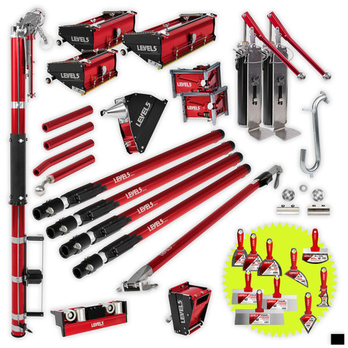 Automatic Taper, 7/10/12" Flat Boxes, 3/3.5" Corner Finishers, Angle Box, Nail Spotters, 2 Pumps, Roller, Ext. Handles
