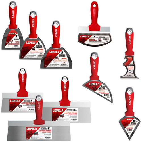 Stainless steel drywall hand tool set with joint knives, taping knives and specialty blades.