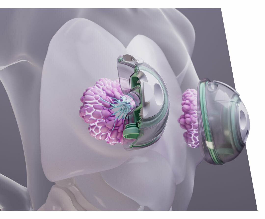 A 3D graphic of a woman's breasts, translucent so the inner milk glands and ducts are visible. An Elvie Stride pump is shown on each breast