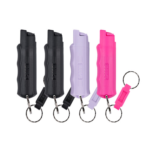 SABRE Pepper Spray with Quick Release Key Ring, 4-Pack (2 Black, 1 Pink, 1 Lavender)