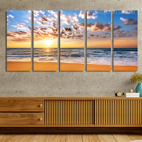 Brilliant Ocean Beach Sunrise Kanyakumari Naturescape Modern Framed Painting Pictures 5 Piece Canvas Wall Art Set Australia For Living Room